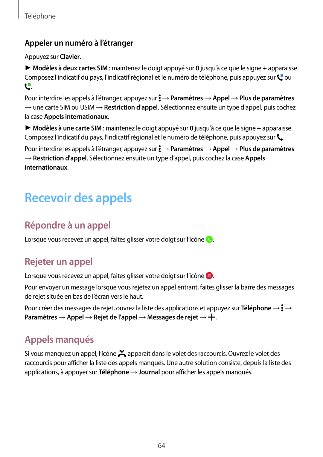 Samsung SM-A500FZKUFTM, SM-A500FZWUXEF manual Recevoir des appels, Répondre à un appel, Rejeter un appel, Appels manqués 