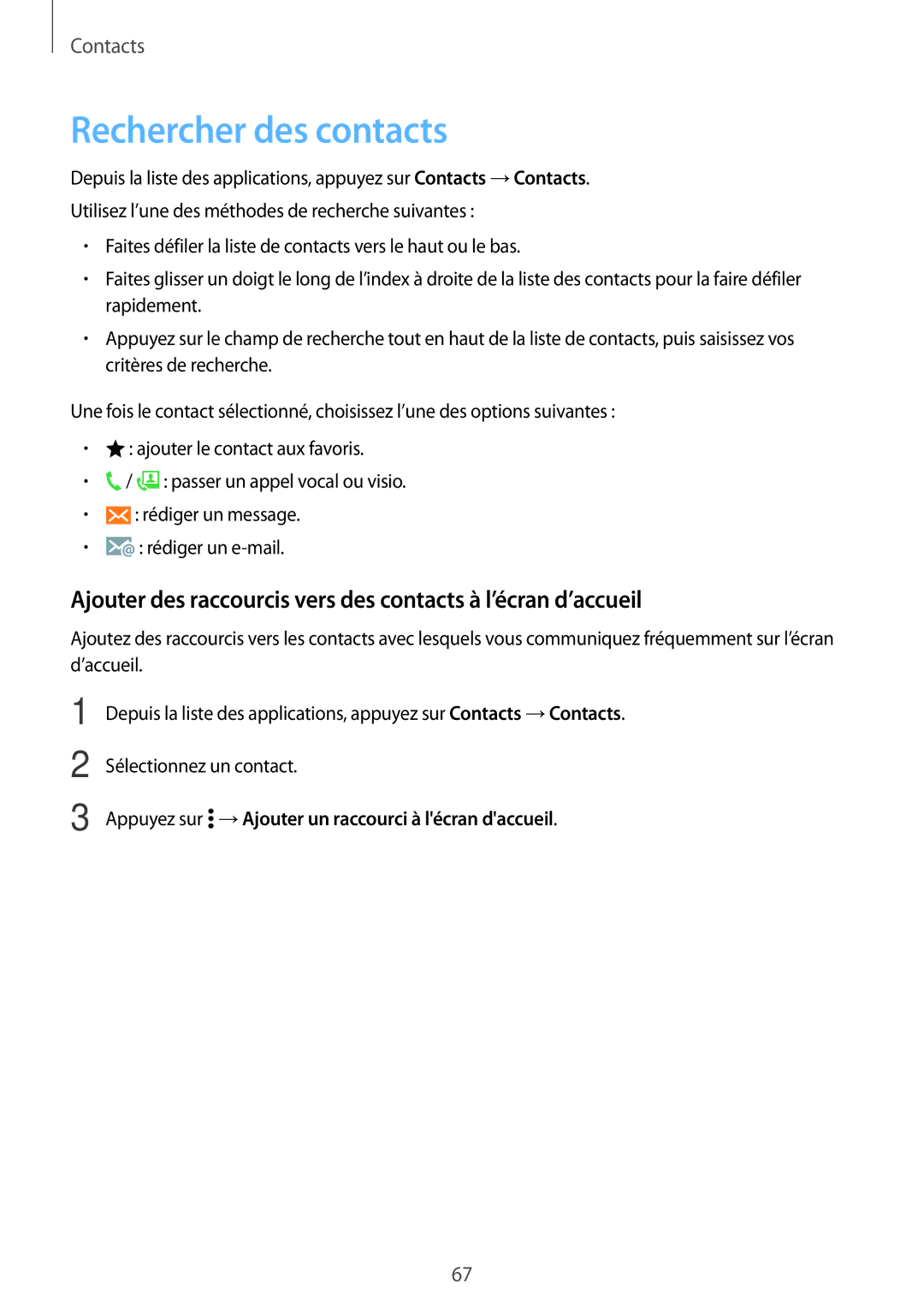 Samsung SM-A500FZWUSFR, SM-A500FZWUXEF manual Rechercher des contacts, Appuyez sur →Ajouter un raccourci à lécran daccueil 