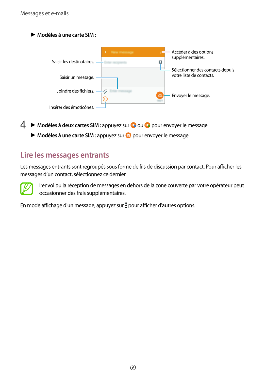 Samsung SM-A500FZWUBOG, SM-A500FZWUXEF, SM-A500FZKUFTM, SM-A500FZKUSFR manual Lire les messages entrants, Messages et e-mails 