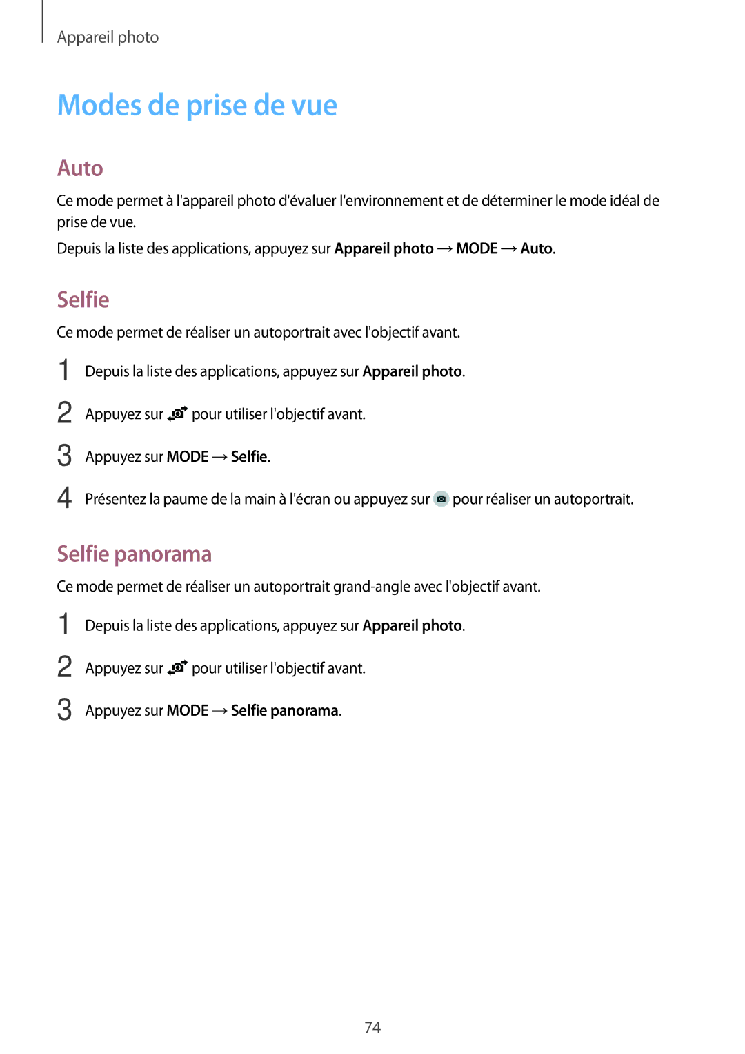 Samsung SM-A500FZKUSFR, SM-A500FZWUXEF manual Modes de prise de vue, Auto, Appuyez sur Mode →Selfie panorama 