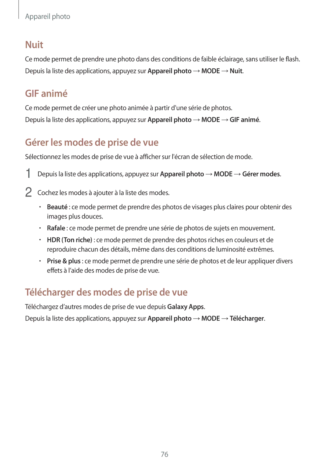 Samsung SM-A500FZWUSFR manual Nuit, GIF animé, Gérer les modes de prise de vue, Télécharger des modes de prise de vue 