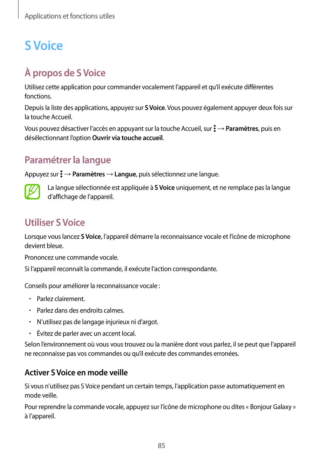 Samsung SM-A500FZWUSFR manual Propos de S Voice, Paramétrer la langue, Utiliser S Voice, Activer S Voice en mode veille 