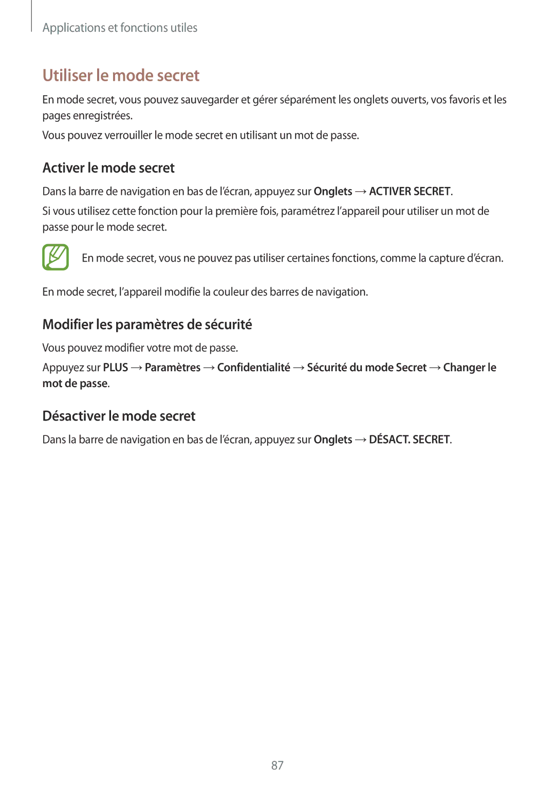 Samsung SM-A500FZWUBOG manual Utiliser le mode secret, Activer le mode secret, Modifier les paramètres de sécurité 