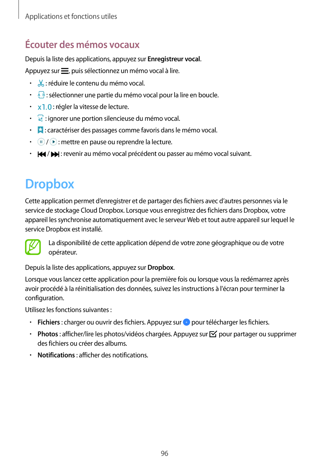 Samsung SM-A500FZWUBOG, SM-A500FZWUXEF, SM-A500FZKUFTM, SM-A500FZKUSFR, SM-A500FZKUBOG manual Dropbox, Écouter des mémos vocaux 
