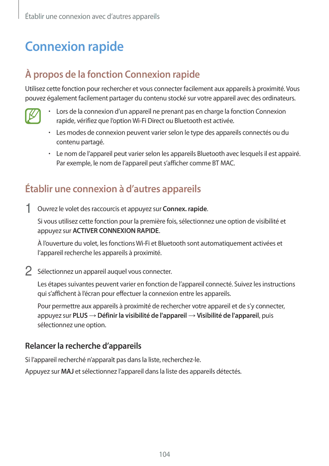 Samsung SM-A500FZDUFTM, SM-A500FZWUXEF manual Propos de la fonction Connexion rapide, Relancer la recherche d’appareils 