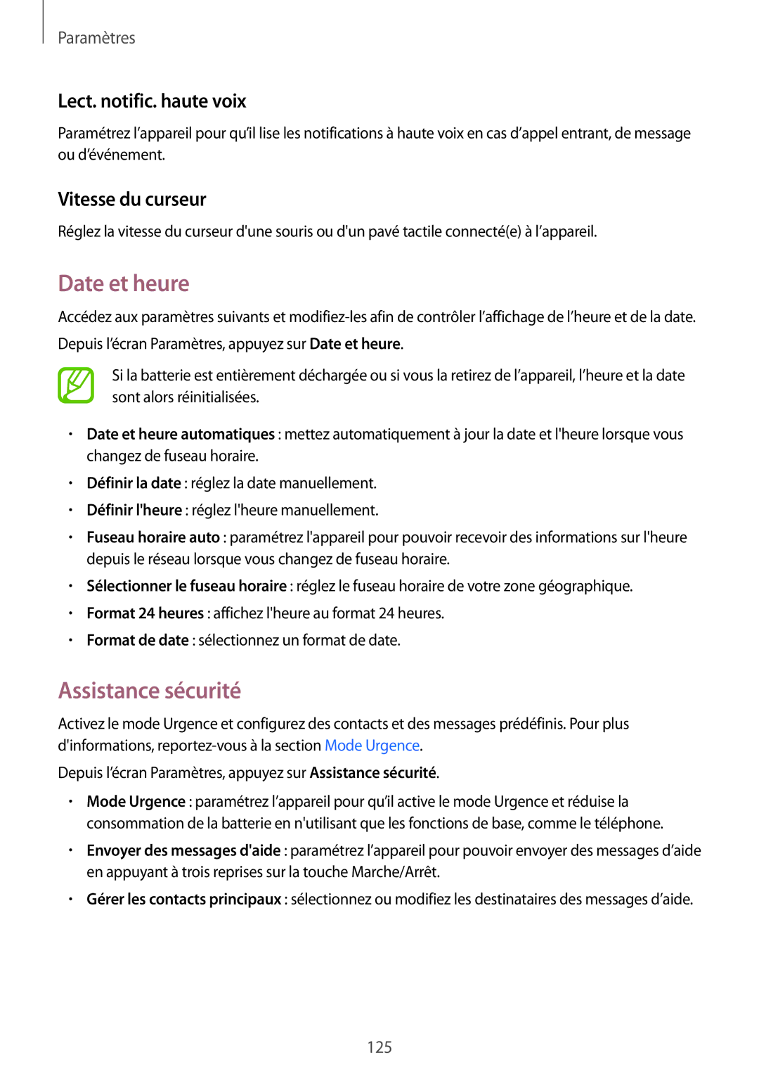 Samsung SM-A500FZDUXEF, SM-A500FZWUXEF Date et heure, Assistance sécurité, Lect. notific. haute voix, Vitesse du curseur 
