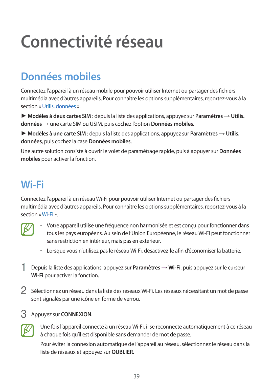 Samsung SM-A500FZKUBOG, SM-A500FZWUXEF, SM-A500FZKUFTM, SM-A500FZKUSFR manual Connectivité réseau, Données mobiles, Wi-Fi 