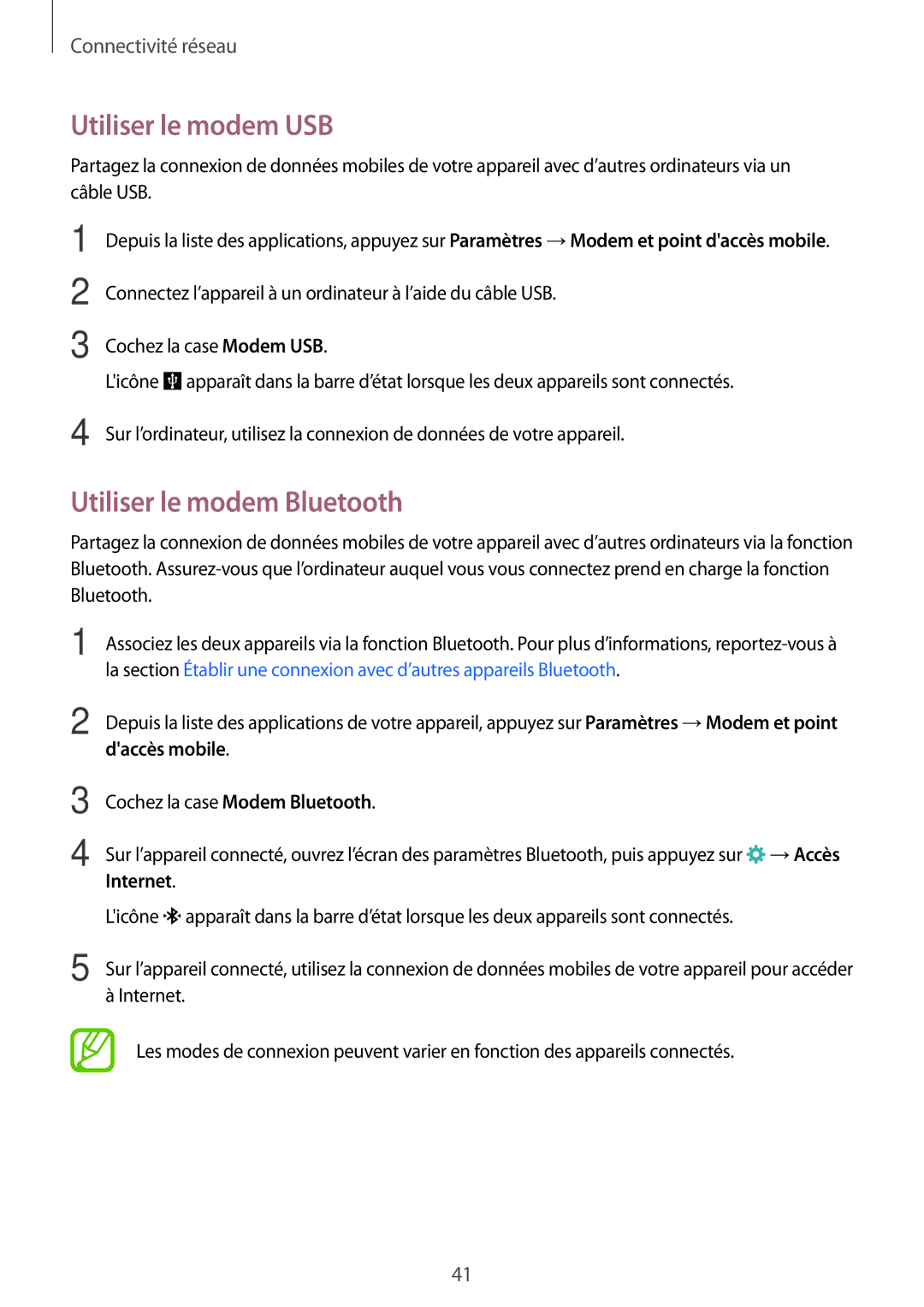 Samsung SM-A500FZDUFTM, SM-A500FZWUXEF manual Utiliser le modem USB, Utiliser le modem Bluetooth, Daccès mobile, Internet 