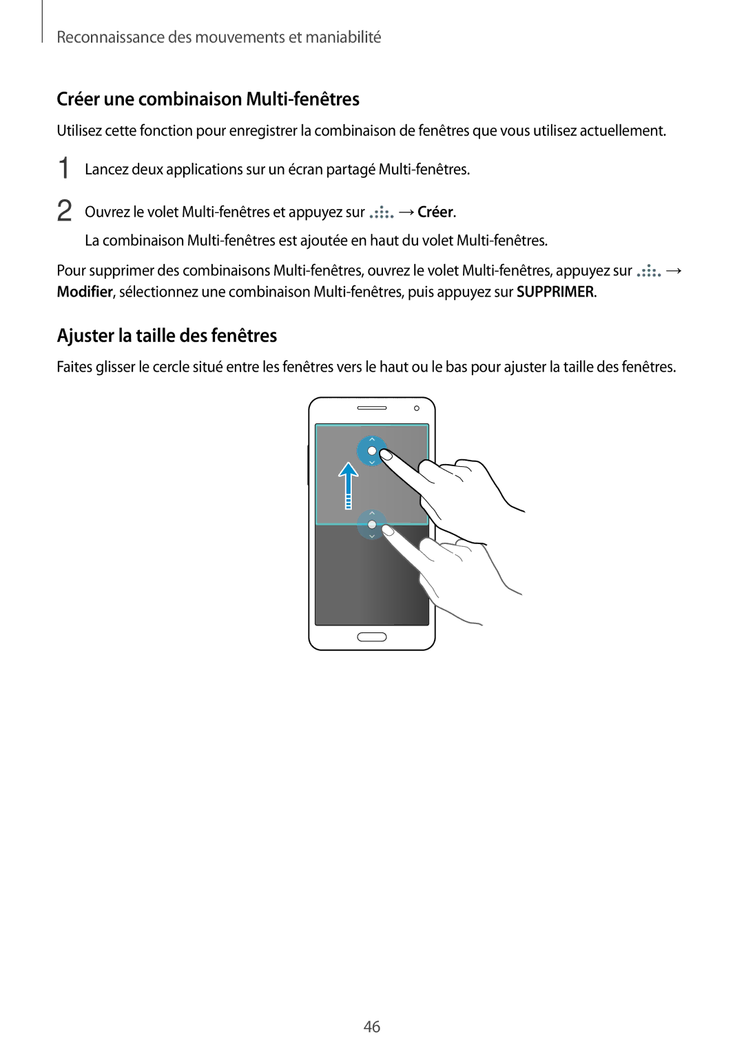 Samsung SM-A500FZKUFTM, SM-A500FZWUXEF, SM-A500FZKUSFR Créer une combinaison Multi-fenêtres, Ajuster la taille des fenêtres 