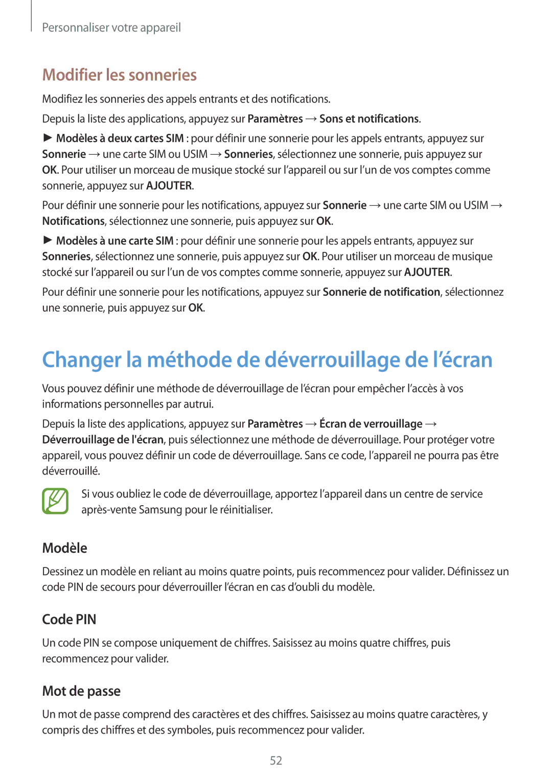 Samsung SM-A500FZKUXEF, SM-A500FZWUXEF, SM-A500FZKUFTM manual Modifier les sonneries, Modèle, Code PIN, Mot de passe 