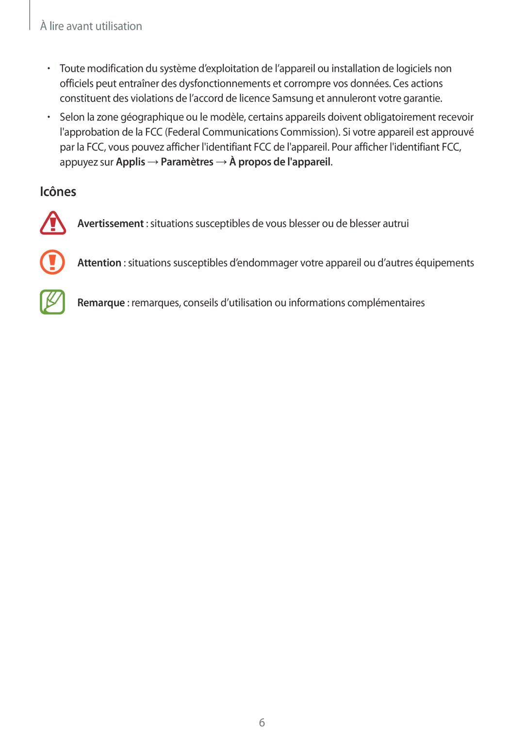 Samsung SM-A500FZWUBOG, SM-A500FZWUXEF, SM-A500FZKUFTM, SM-A500FZKUSFR, SM-A500FZKUBOG manual Icônes, Lire avant utilisation 