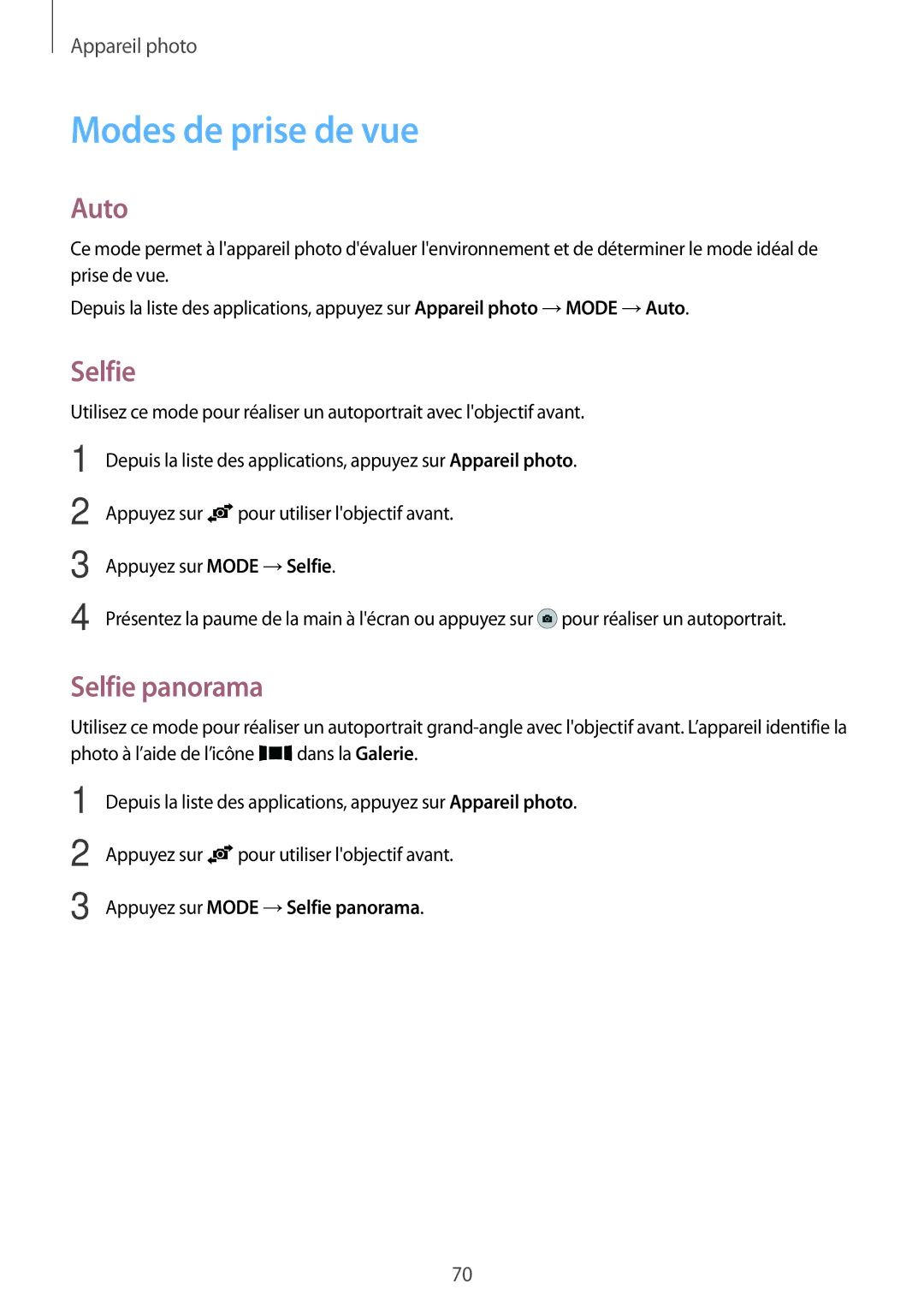 Samsung SM-A500FZKUXEF, SM-A500FZWUXEF manual Modes de prise de vue, Auto, Appuyez sur Mode →Selfie panorama 