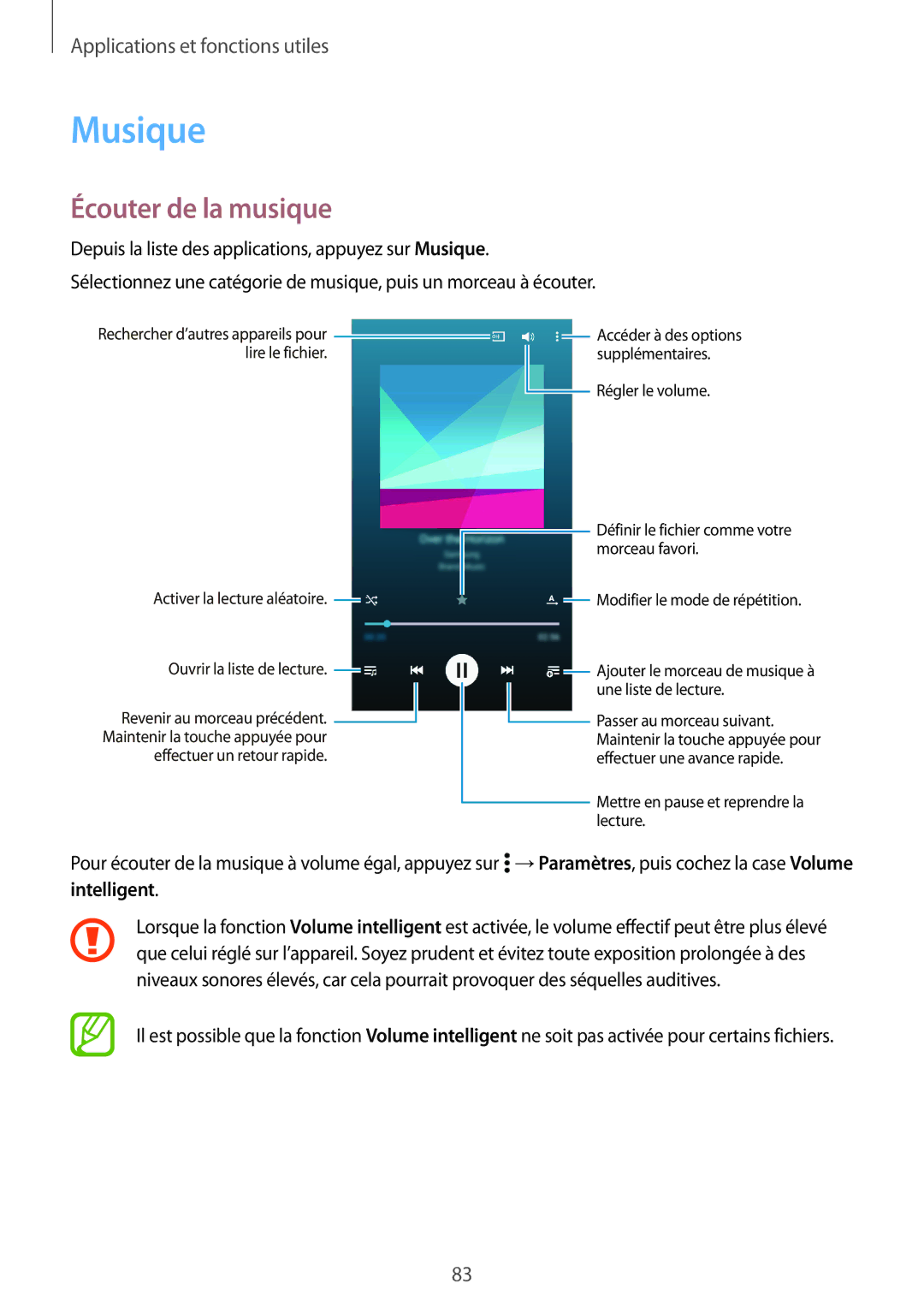 Samsung SM-A500FZKUSFR, SM-A500FZWUXEF, SM-A500FZKUFTM, SM-A500FZKUBOG manual Musique, Écouter de la musique, Intelligent 