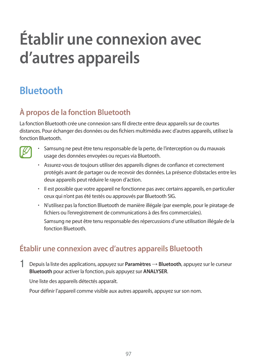 Samsung SM-A500FZKUXEF manual Propos de la fonction Bluetooth, Établir une connexion avec d’autres appareils Bluetooth 