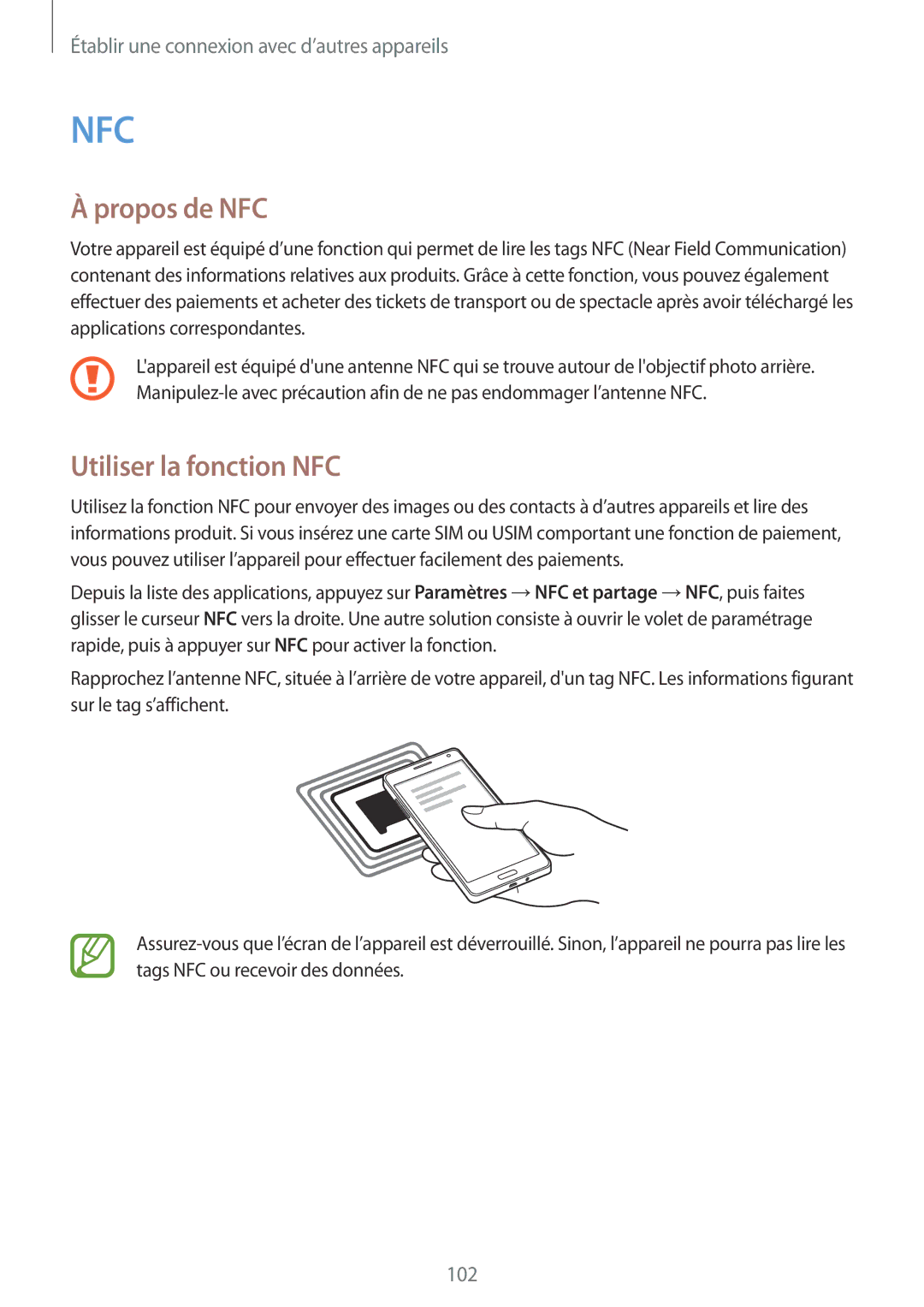 Samsung SM-A500FZKUBOG, SM-A500FZWUXEF, SM-A500FZKUFTM, SM-A500FZKUSFR manual Propos de NFC, Utiliser la fonction NFC 