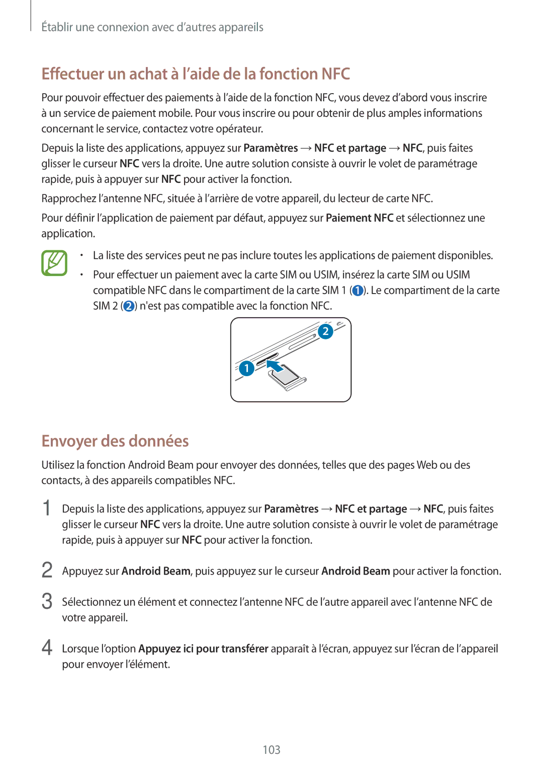 Samsung SM-A500FZWUSFR, SM-A500FZWUXEF, SM-A500FZKUFTM Effectuer un achat à l’aide de la fonction NFC, Envoyer des données 