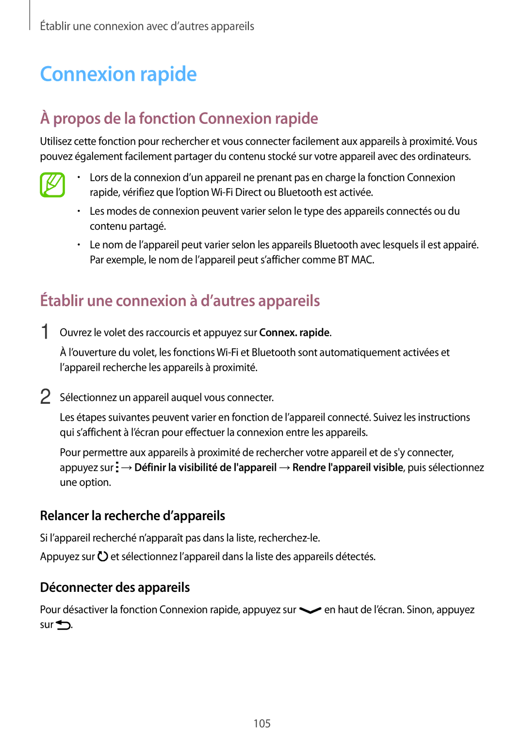 Samsung SM-A500FZWUBOG, SM-A500FZWUXEF manual Propos de la fonction Connexion rapide, Relancer la recherche d’appareils 