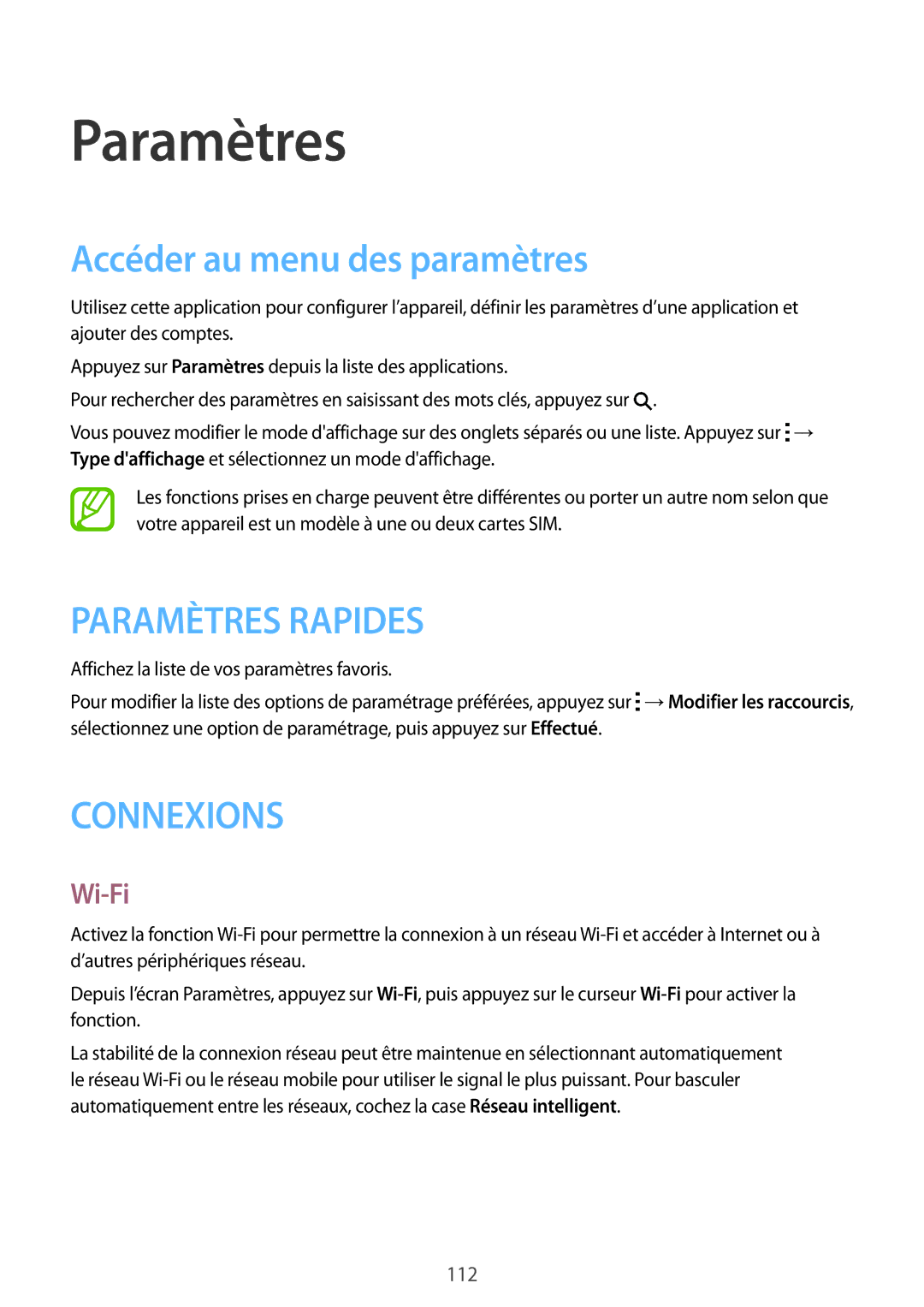 Samsung SM-A500FZWUSFR, SM-A500FZWUXEF, SM-A500FZKUFTM, SM-A500FZKUSFR Paramètres, Accéder au menu des paramètres, Wi-Fi 