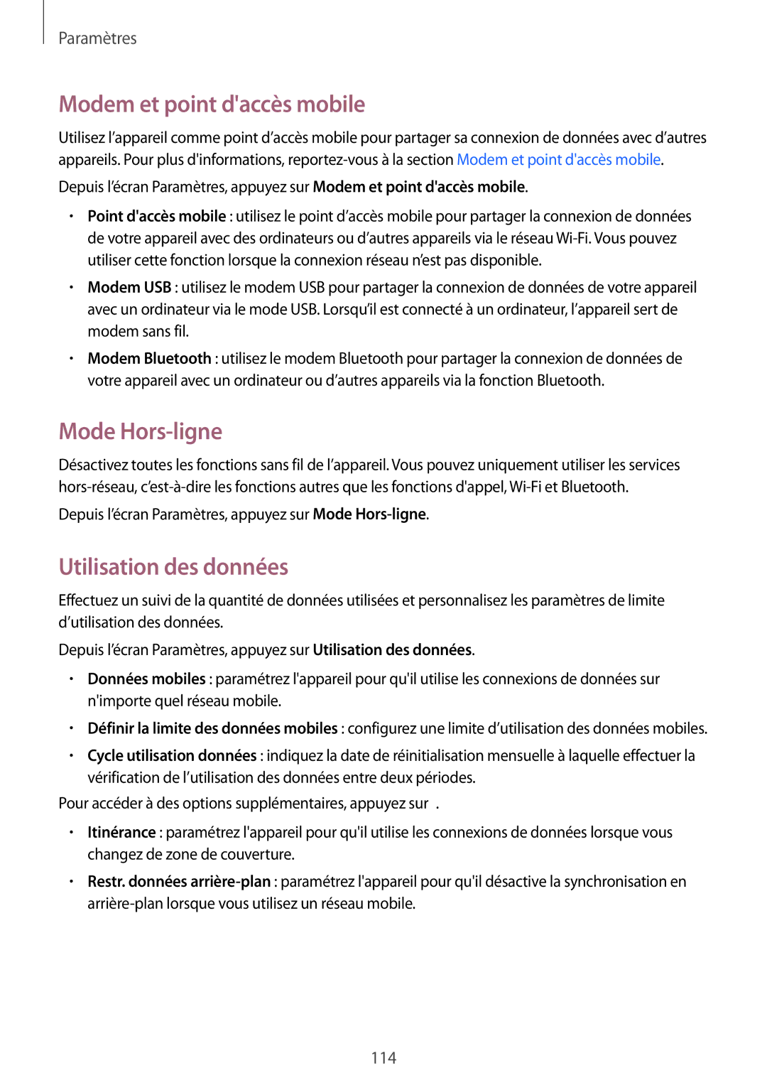 Samsung SM-A500FZWUBOG, SM-A500FZWUXEF manual Modem et point daccès mobile, Mode Hors-ligne, Utilisation des données 
