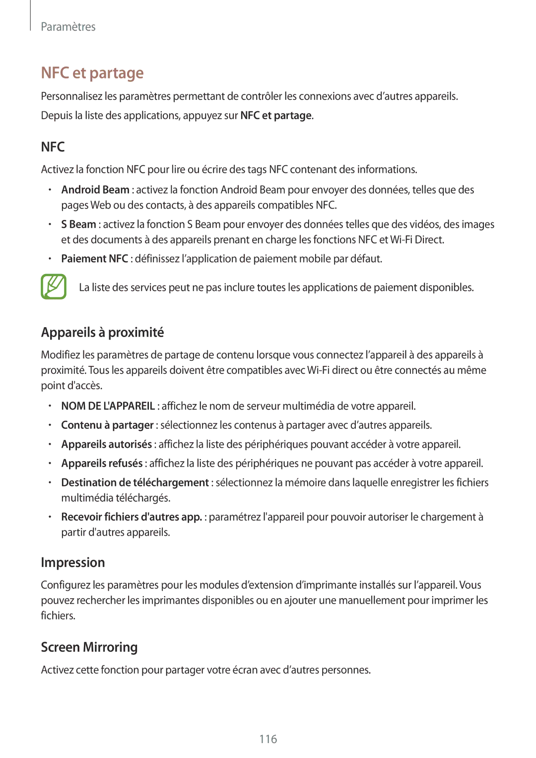 Samsung SM-A500FZDUXEF, SM-A500FZWUXEF, SM-A500FZKUFTM NFC et partage, Appareils à proximité, Impression, Screen Mirroring 