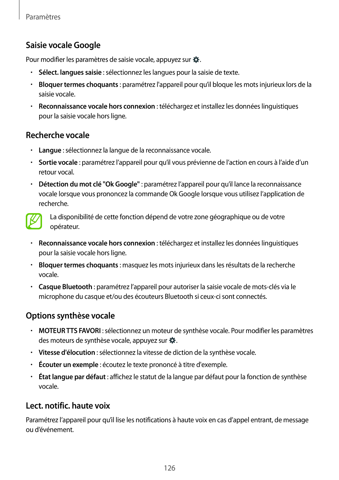 Samsung SM-A500FZWUXEF manual Saisie vocale Google, Recherche vocale, Options synthèse vocale, Lect. notific. haute voix 