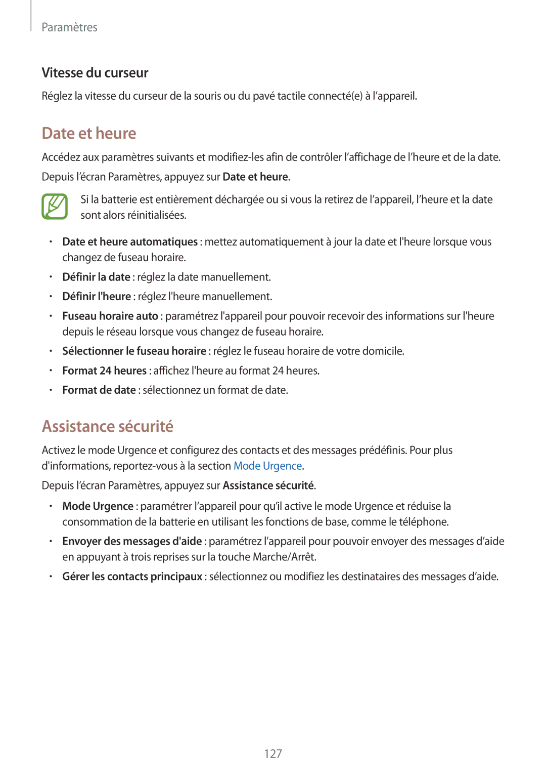 Samsung SM-A500FZKUFTM, SM-A500FZWUXEF, SM-A500FZKUSFR manual Date et heure, Assistance sécurité, Vitesse du curseur 