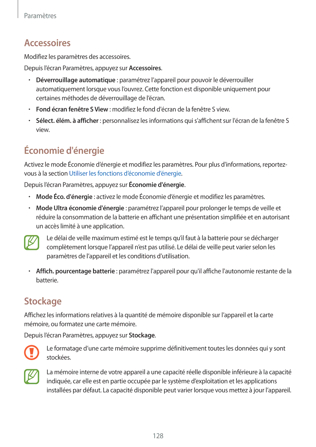 Samsung SM-A500FZKUSFR, SM-A500FZWUXEF, SM-A500FZKUFTM, SM-A500FZKUBOG manual Accessoires, Économie dénergie, Stockage 
