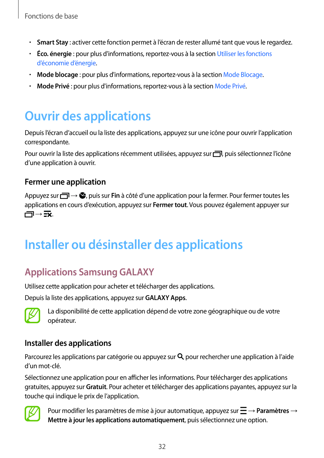 Samsung SM-A500FZDUFTM Ouvrir des applications, Installer ou désinstaller des applications, Applications Samsung Galaxy 