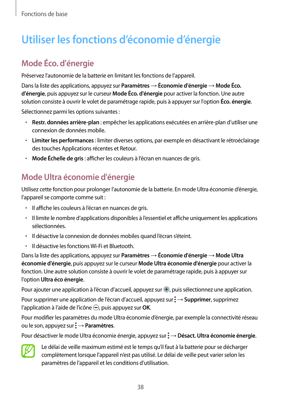 Samsung SM-A500FZKUSFR manual Utiliser les fonctions d’économie d’énergie, Mode Éco. dénergie, Mode Ultra économie dénergie 