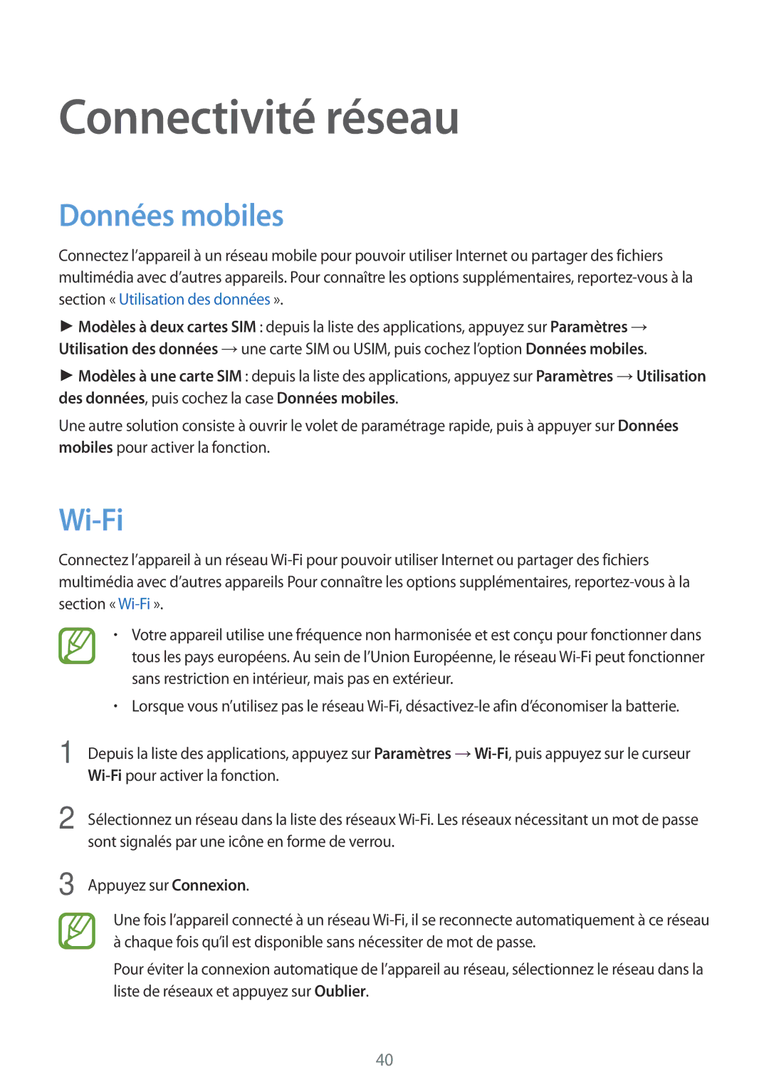 Samsung SM-A500FZWUSFR, SM-A500FZWUXEF, SM-A500FZKUFTM, SM-A500FZKUSFR manual Connectivité réseau, Données mobiles, Wi-Fi 