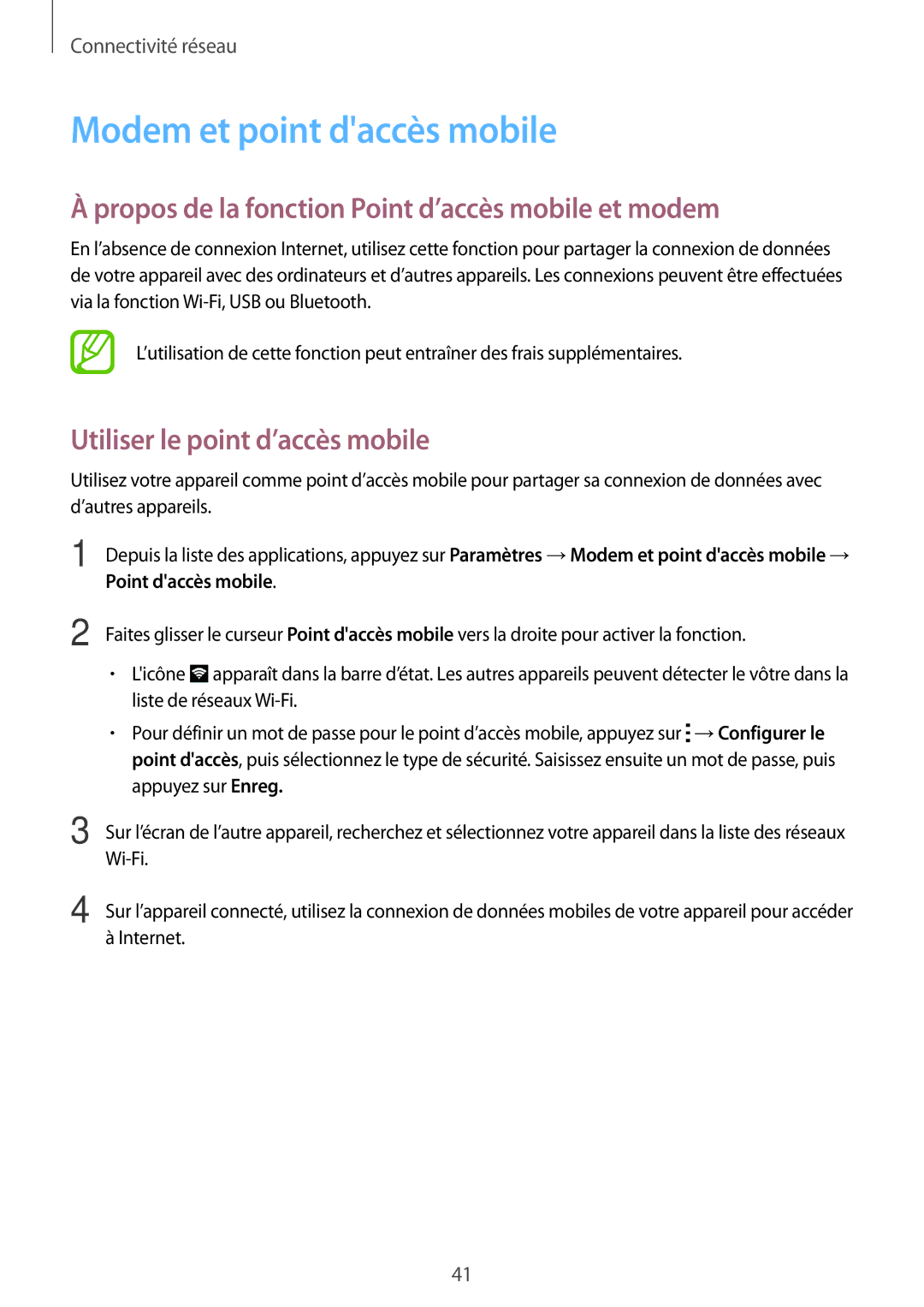 Samsung SM-A500FZDUFTM, SM-A500FZWUXEF Modem et point daccès mobile, Propos de la fonction Point d’accès mobile et modem 