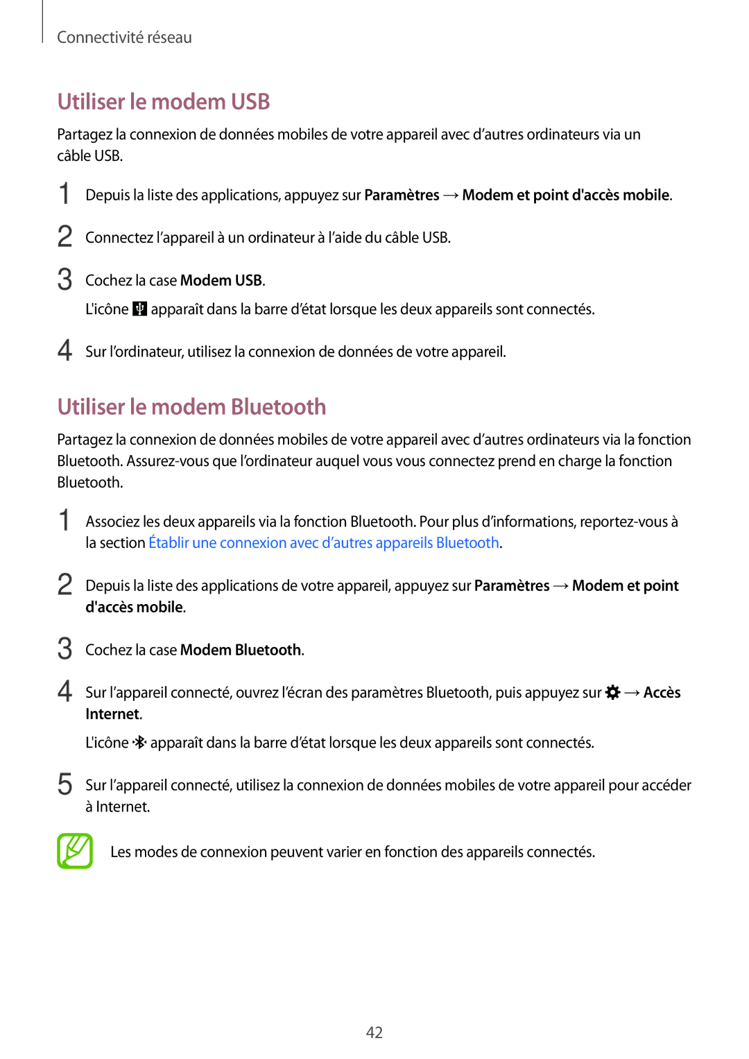 Samsung SM-A500FZWUBOG, SM-A500FZWUXEF manual Utiliser le modem USB, Utiliser le modem Bluetooth, Daccès mobile, Internet 