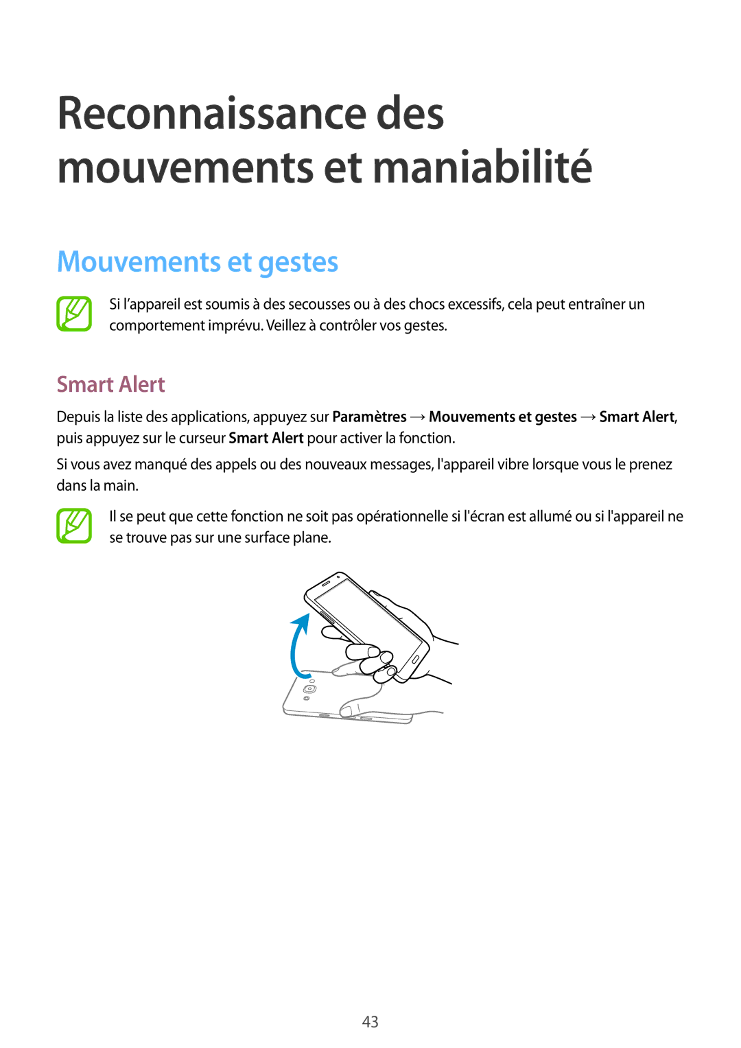 Samsung SM-A500FZKUXEF, SM-A500FZWUXEF, SM-A500FZKUFTM, SM-A500FZKUSFR, SM-A500FZKUBOG manual Mouvements et gestes, Smart Alert 