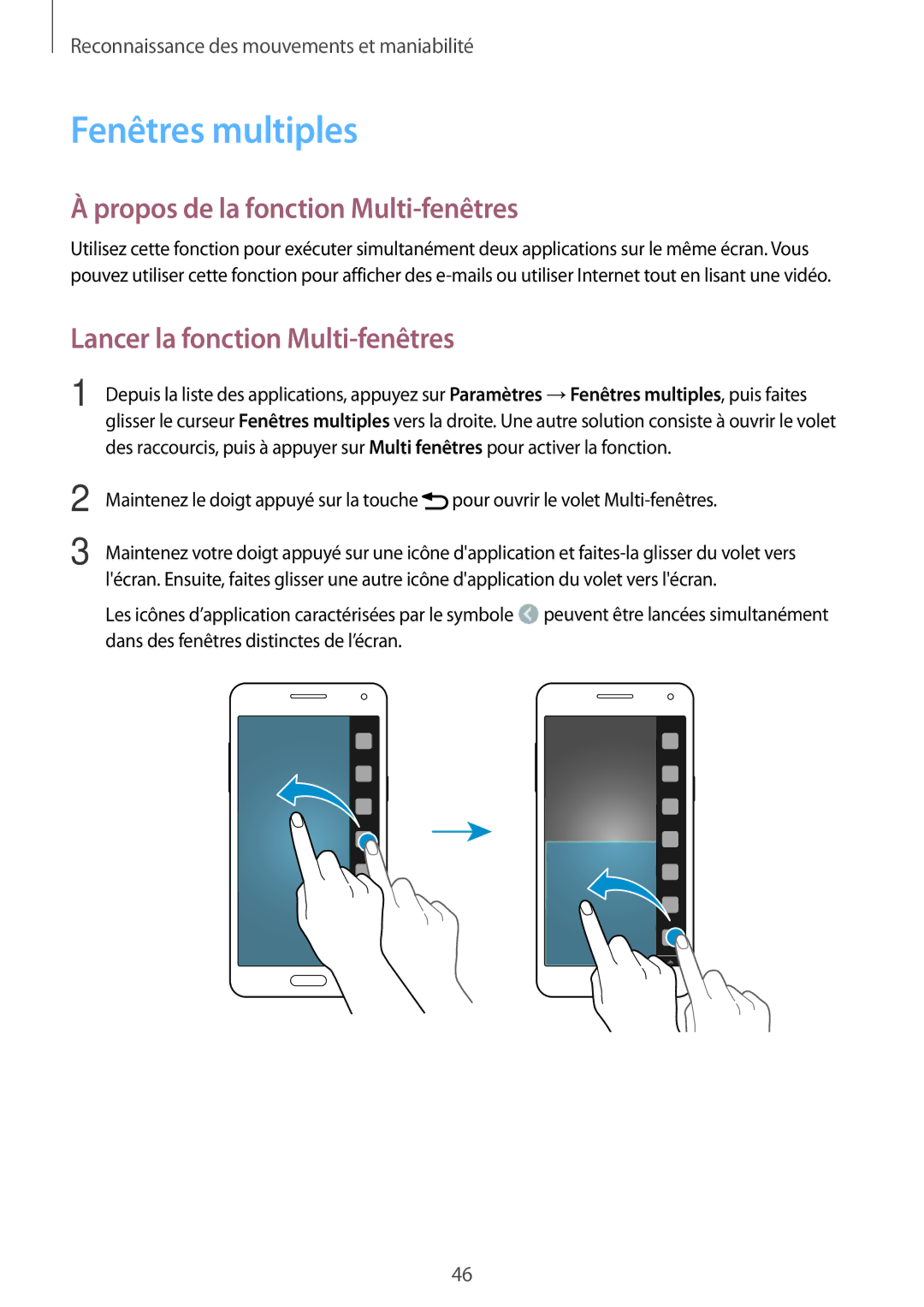 Samsung SM-A500FZKUFTM manual Fenêtres multiples, Propos de la fonction Multi-fenêtres, Lancer la fonction Multi-fenêtres 