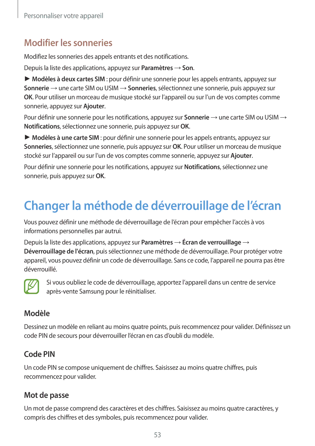 Samsung SM-A500FZDUXEF, SM-A500FZWUXEF, SM-A500FZKUFTM manual Modifier les sonneries, Modèle, Code PIN, Mot de passe 