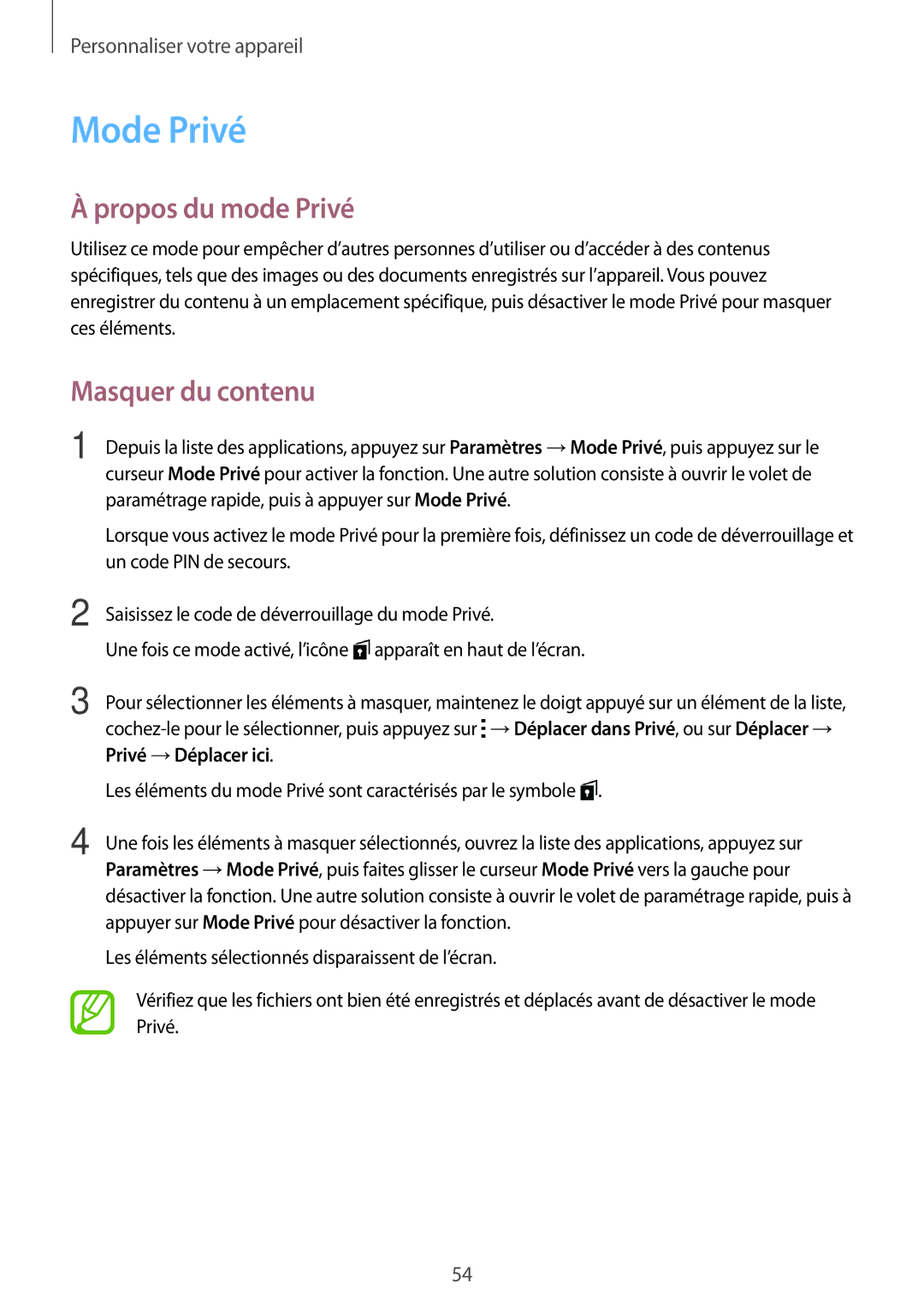 Samsung SM-A500FZWUXEF, SM-A500FZKUFTM, SM-A500FZKUSFR, SM-A500FZKUBOG Mode Privé, Propos du mode Privé, Masquer du contenu 