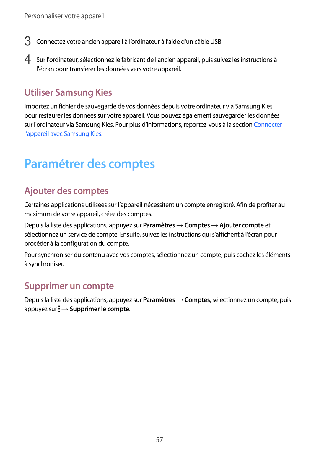 Samsung SM-A500FZKUBOG manual Paramétrer des comptes, Utiliser Samsung Kies, Ajouter des comptes, Supprimer un compte 