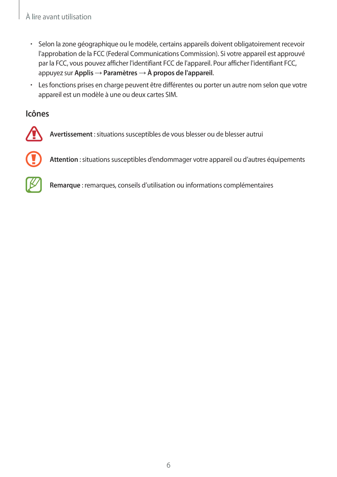 Samsung SM-A500FZWUBOG, SM-A500FZWUXEF, SM-A500FZKUFTM, SM-A500FZKUSFR, SM-A500FZKUBOG manual Icônes, Lire avant utilisation 