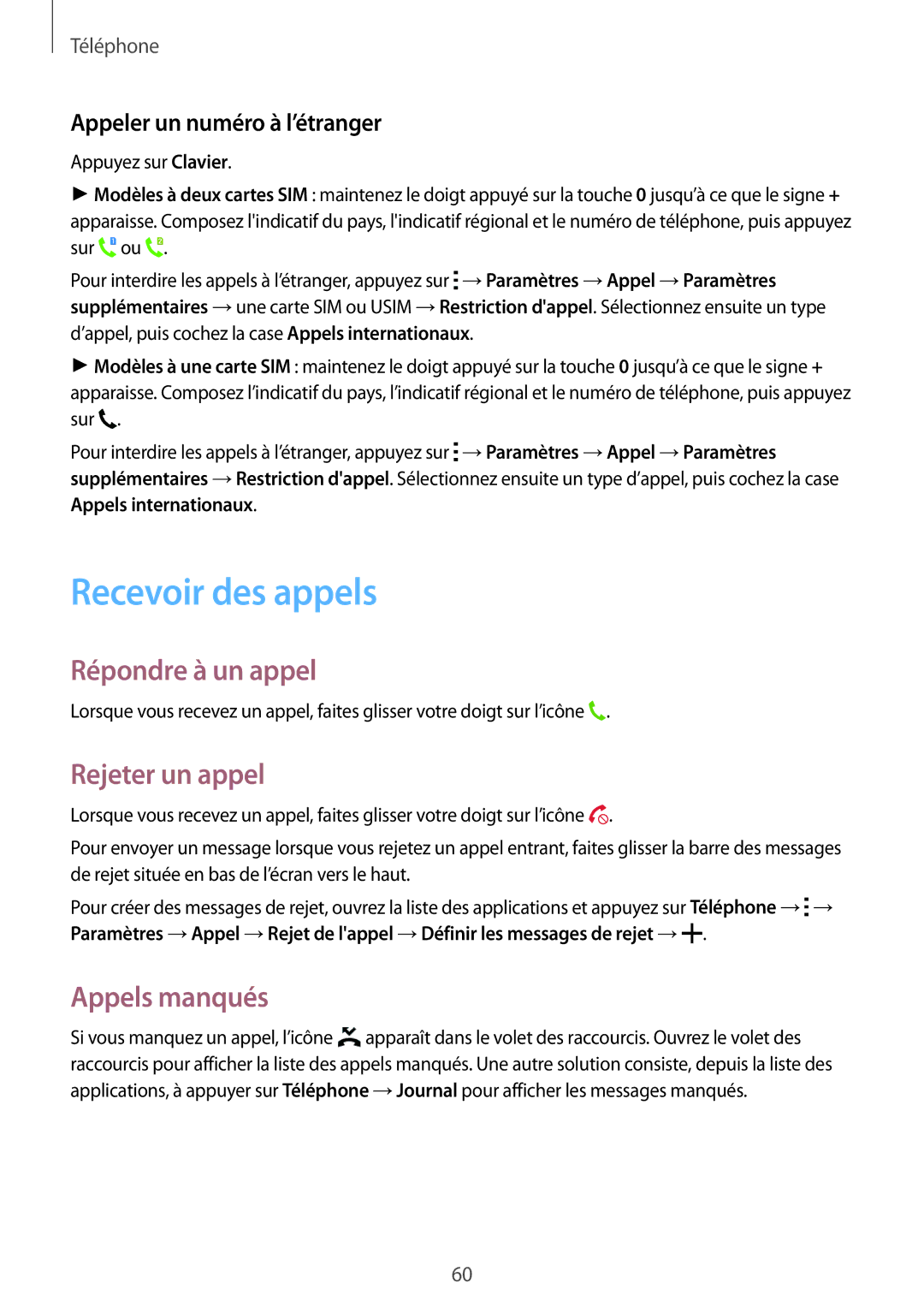 Samsung SM-A500FZWUBOG, SM-A500FZWUXEF manual Recevoir des appels, Répondre à un appel, Rejeter un appel, Appels manqués 