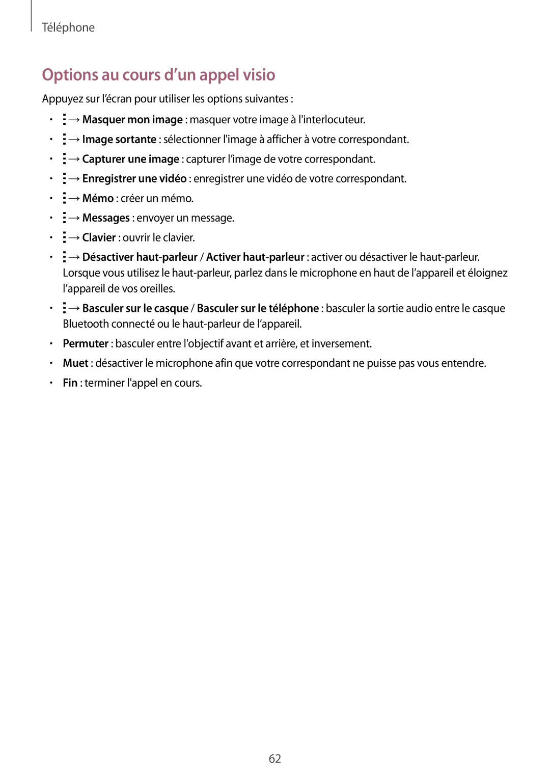 Samsung SM-A500FZDUXEF, SM-A500FZWUXEF, SM-A500FZKUFTM, SM-A500FZKUSFR, SM-A500FZKUBOG manual Options au cours d’un appel visio 