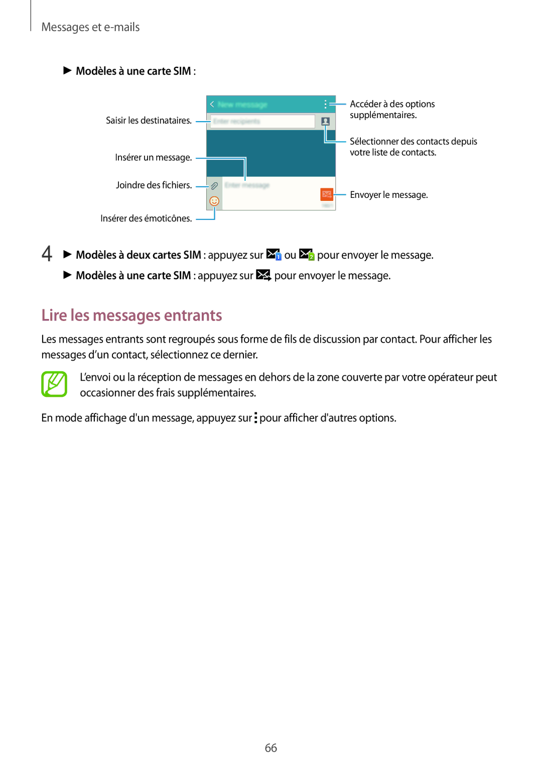 Samsung SM-A500FZKUBOG, SM-A500FZWUXEF, SM-A500FZKUFTM, SM-A500FZKUSFR manual Lire les messages entrants, Messages et e-mails 