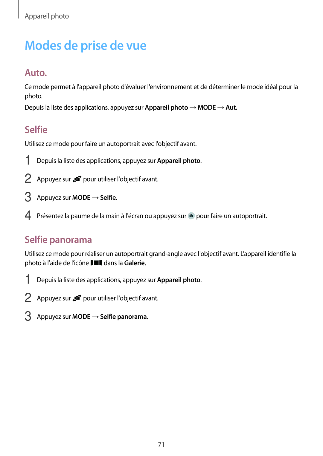 Samsung SM-A500FZDUXEF, SM-A500FZWUXEF manual Modes de prise de vue, Auto, Appuyez sur Mode →Selfie panorama 