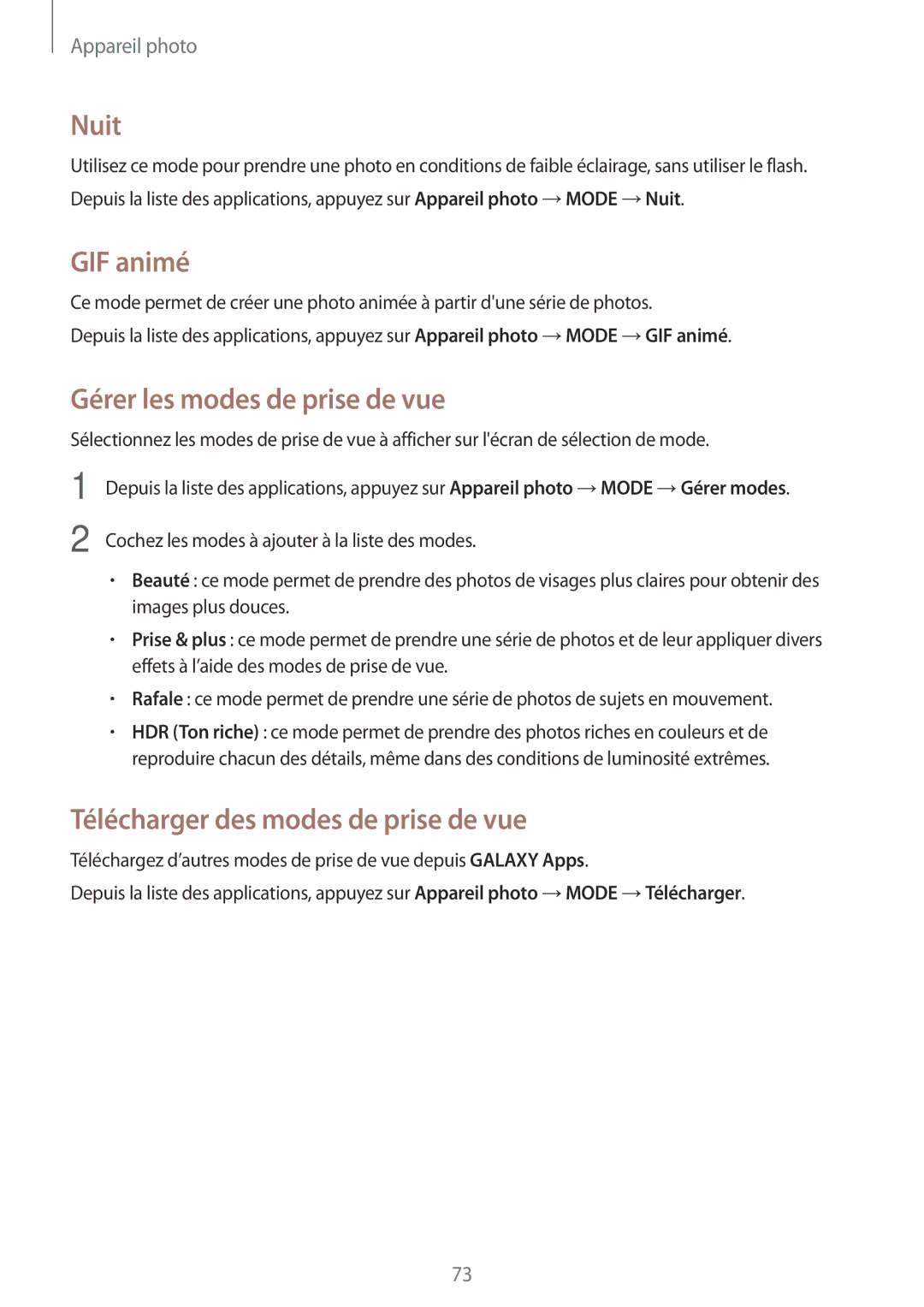 Samsung SM-A500FZKUFTM manual Nuit, GIF animé, Gérer les modes de prise de vue, Télécharger des modes de prise de vue 