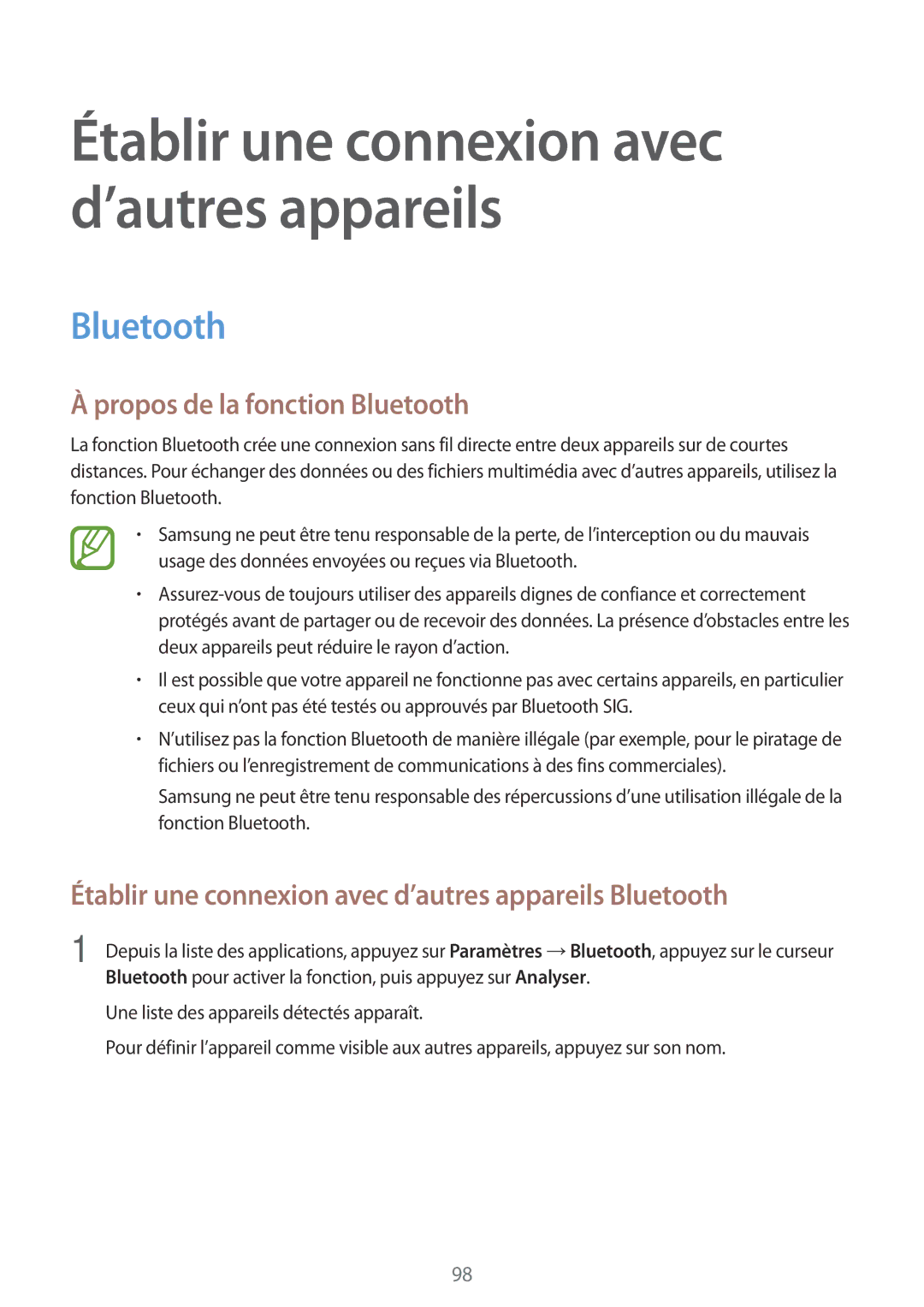 Samsung SM-A500FZDUXEF manual Propos de la fonction Bluetooth, Établir une connexion avec d’autres appareils Bluetooth 