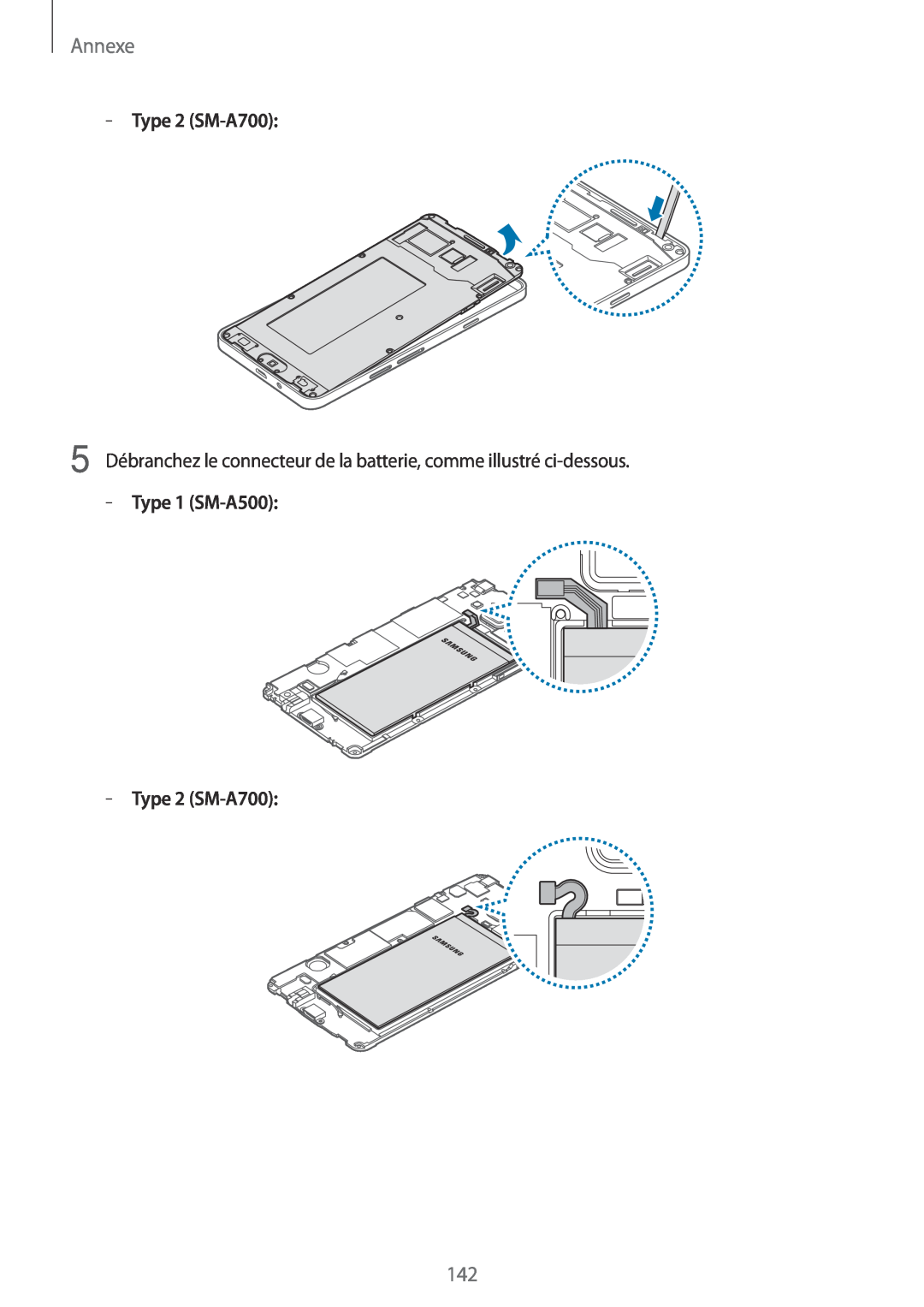 Samsung SM-A500FZKUXEF manual Type 2 SM-A700, Annexe, 5 Débranchez le connecteur de la batterie, comme illustré ci-dessous 