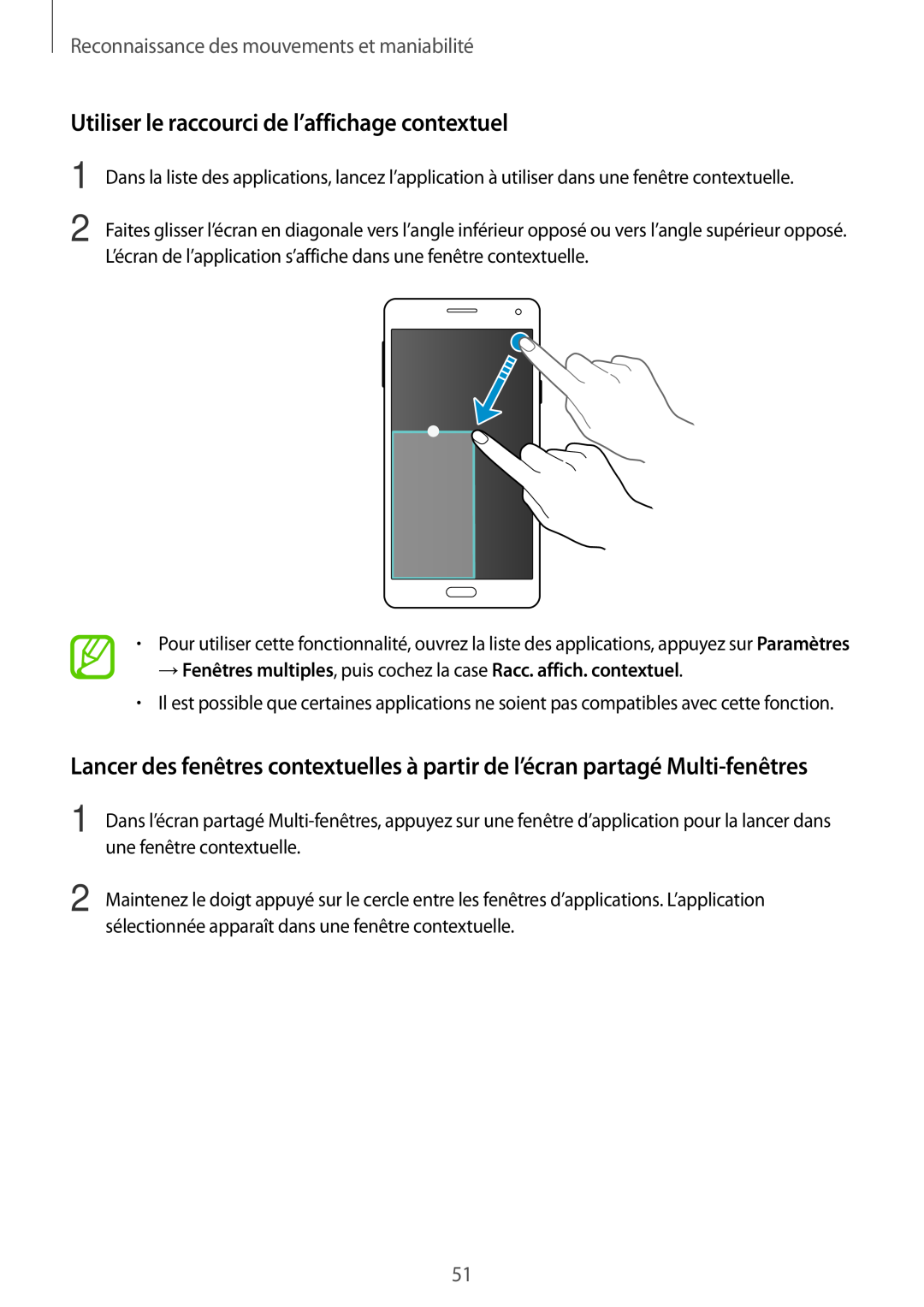 Samsung SM-A500FZWUBOG manual Utiliser le raccourci de l’affichage contextuel, Reconnaissance des mouvements et maniabilité 