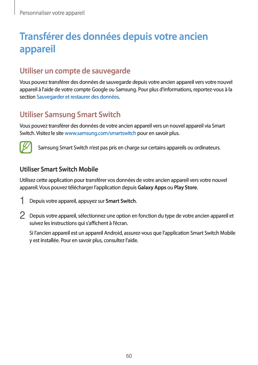 Samsung SM-A500FZWUBOG manual Transférer des données depuis votre ancien appareil, Utiliser un compte de sauvegarde 