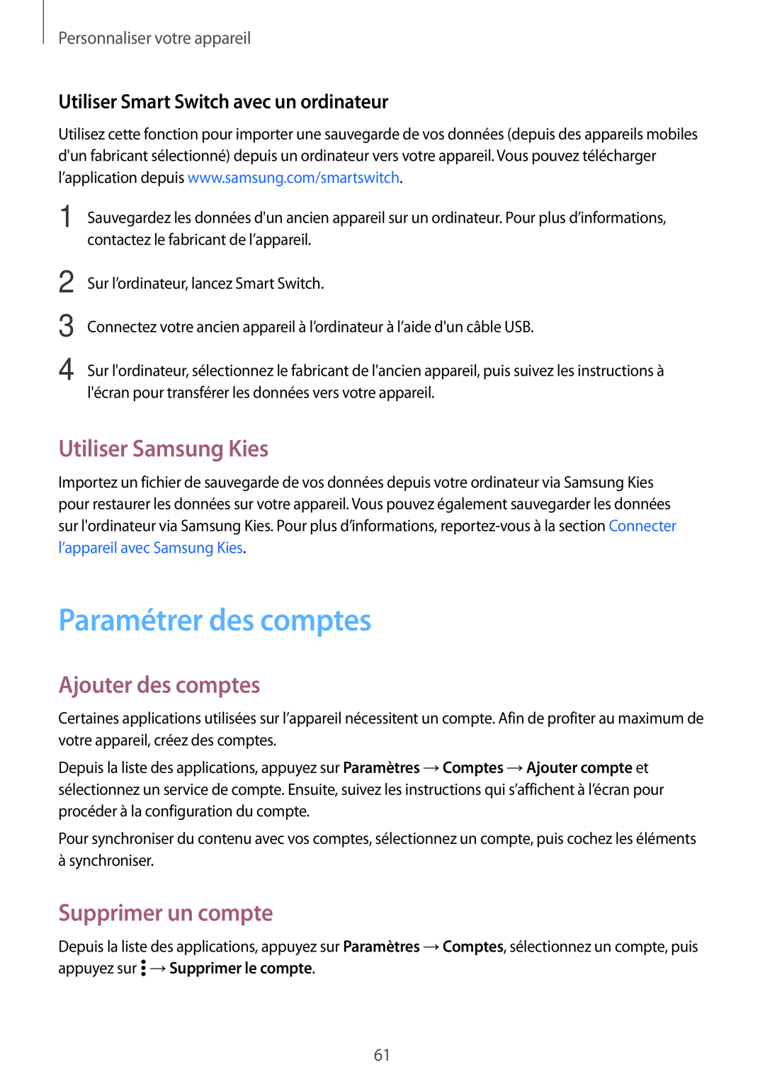 Samsung SM-A500FZKUXEF manual Paramétrer des comptes, Utiliser Samsung Kies, Ajouter des comptes, Supprimer un compte 