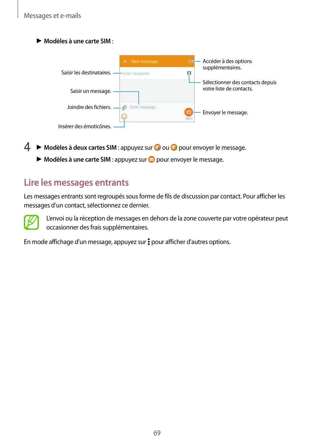 Samsung SM-A500FZWUBOG, SM-A500FZWUXEF manual Lire les messages entrants, Messages et e-mails, Modèles à une carte SIM 