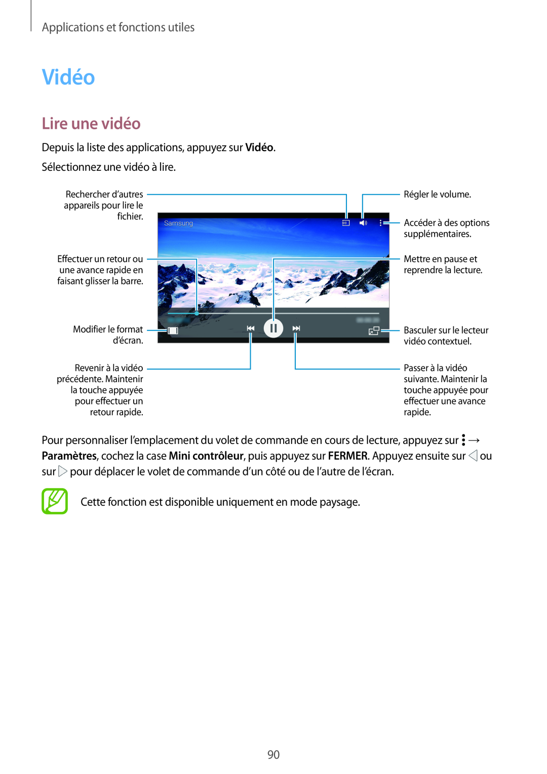 Samsung SM-A500FZWUXEF Vidéo, Lire une vidéo, Applications et fonctions utiles, faisant glisser la barre, Régler le volume 